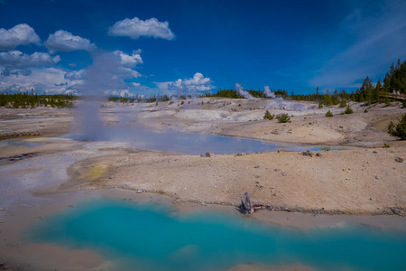Pools of colorfully colored water dot the landscape of the Norris Geyser Basin in Yellowstone National Park.の写真素材