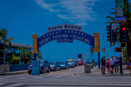 Los Angeles, California, USA, JUNE, 15, 2018: Beach goers at the Santa Monica Pier on Ocean Aven in...