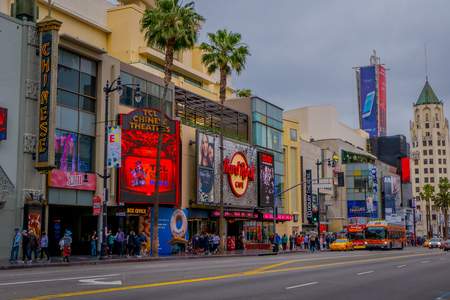 Los Angeles, California, USA, JUNE, 15, 2018: Outdoor view od stores and markets in the Street on Hollywood Boulevard . The theater district is famous tourist attractionのeditorial素材