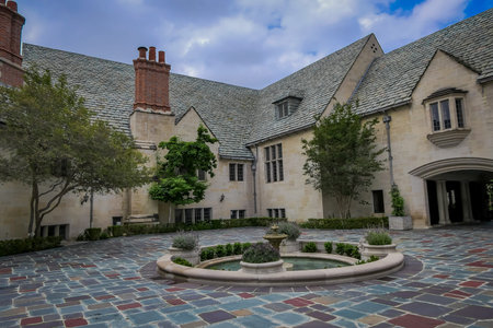 Los Angeles, California, USA, JUNE, 15, 2018: Outdoor view of Luxury House and estates with a nicely fountain in front yard in Beverly Hills City, LA, CAのeditorial素材