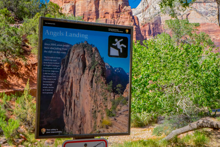 ZION, UTAH, USA - JUNE 12, 2018: Angels Landing Sign at Scout Lookout. The strenuous trail is a popular hiking climbing adventure in Zion National Parkのeditorial素材