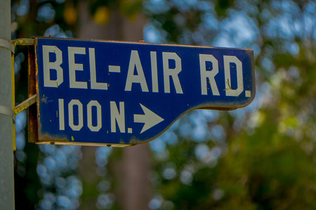 Los Angeles, California, USA, JUNE, 15, 2018: Outdoor view of Bel Air sign in a metallic structure...