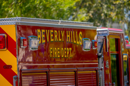 Los Angeles, California, USA, AUGUST, 20, 2018: Outdoor view of Firefighter Truck in the 5th Street - Downtown Los Angelesのeditorial素材