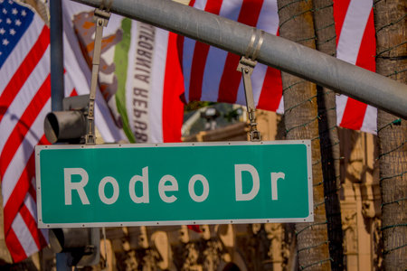 Los Angeles, California, USA, JUNE, 15, 2018: Close up of street sign for N.Rodeo Drive and Via...