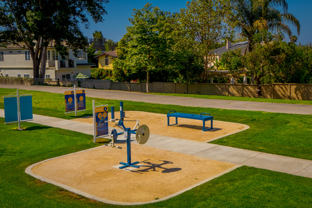 Los Angeles, California, USA, AUGUST, 20, 2018: Outdoor view of park with metallic games used for exercise in Venice Beach is one of most popular beaches of LA Countyのeditorial素材