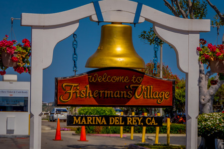 Los Angeles, California, USA, AUGUST, 20, 2018: Outdoor view of Bell on top of a bench at Fishermans village in a gorgeous sunny dayのeditorial素材
