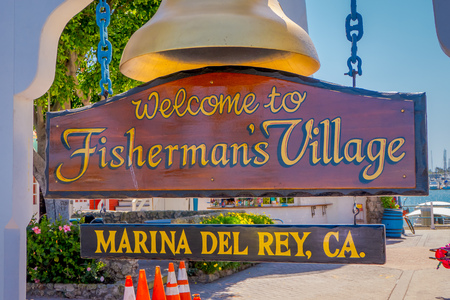 Los Angeles, California, USA, AUGUST, 20, 2018: Outdoor view of Bell on top of a bench at Fishermans village in a gorgeous sunny dayのeditorial素材