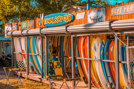 Samara, Costa Rica, June, 26, 2018: Outdoor view of rental shop building in a gorgeous sunny day and with blue sky in relaxing tamarindo beachのeditorial素材