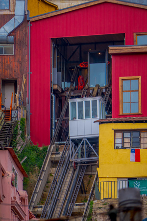 VALPARAISO, CHILE - SEPTEMBER, 15, 2018: Outdoor view of Funicular railway, named Ascensor El Peral, leading up a hill in Valparaisoのeditorial素材