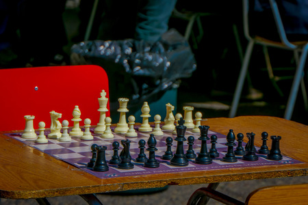 SANTIAGO, CHILE - SEPTEMBER 14, 2018: Outdoor view of a table chess with all the pieces located at outdoors in Plaza de Armas located in dowtown in Santiago de Chileのeditorial素材