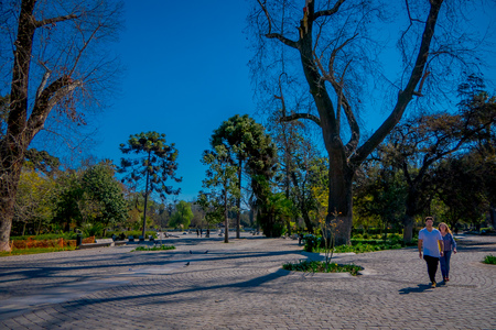 SANTIAGO, CHILE - SEPTEMBER 13, 2018: Unidentified tourists relaxing in the Yungay park located in the Barrio Yungay in Santiago, capital of Chileのeditorial素材
