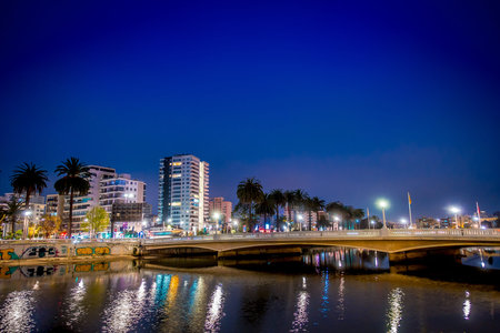 VINA DEL MAR, CHILE - SEPTEMBER, 15, 2018: Night view of bridge over the river with a building...
