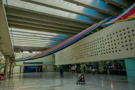 SANTIAGO, CHILE - SEPTEMBER 13, 2018: Costanera Center mall interior, with some rainbow structures hanging in top of the mall in Santiago of Chileのeditorial素材