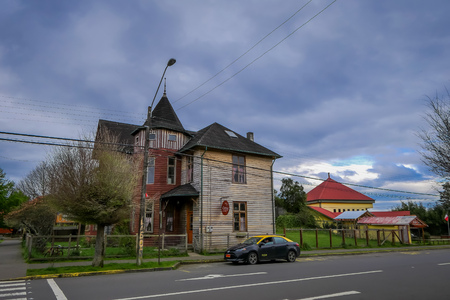 OSORNO, CHILE, SEPTEMBER, 23, 2018: Outdoor view of old building of dairy products lovcated in the town of Puerto Octay, Chileのeditorial素材