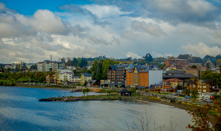 PUERTO VARAS, CHILE, SEPTEMBER, 23, 2018: Beautiful outdoor viiew of the city of Puerto Varas and Llanquihue lake in gorgeous blue sky and sunny dayのeditorial素材