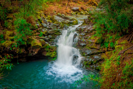 Beautiful outdoor view of waterfall at Pucon, Chile.の写真素材