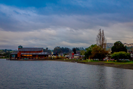 FRUTILLAR, CHILE - SEPTEMBER, 23, 2018: Outdoor gorgeous view of theater of frutillar building in the horizont , in Chileのeditorial素材