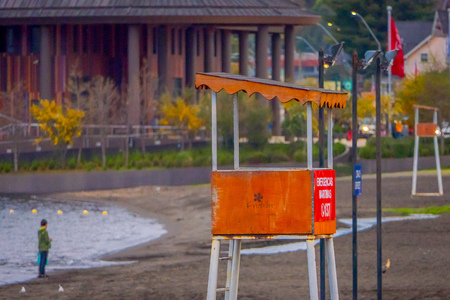 FRUTILLAR, CHILE - SEPTEMBER, 23, 2018: Outdoor view of wooden structure used for lifeguard and maritime emergency close to theater of frutillar in Chileのeditorial素材
