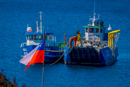 CHILOE, CHILE - SEPTEMBER, 27, 2018: Outdoor view of boats in a port of Ancud, Chiloe islandのeditorial素材