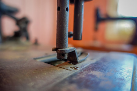 Closeup of selective focus of old sewing machine