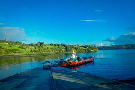 CHILOE, CHILE, SEPTEMBER, 27, 2018: Outdoor view of ferry waiting for cars boarding located in Lemuy Island, Chiloe Chileのeditorial素材
