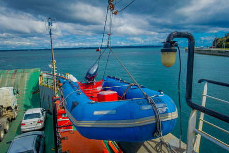 CHILOE, CHILE - SEPTEMBER, 27, 2018: Close up of water transport inside of Ferry at the Chilean...