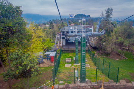 SANTIAGO, CHILE - OCTOBER 16, 2018: Cable car in San Cristobal hill, overlooking a panoramic view of Santiago de Chileのeditorial素材