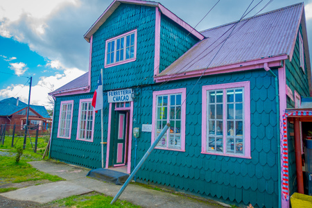 CHILOE, CHILE - SEPTEMBER, 27, 2018: Outdoor beautiful wooden buildings in Chacao in Chilean mainlandのeditorial素材
