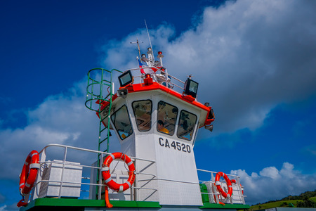 CHILOE, CHILE - SEPTEMBER, 27, 2018: Outdoor view of cabin in the ferry, in gorgeous beautiful day in Lemuy Island of Chiloeのeditorial素材