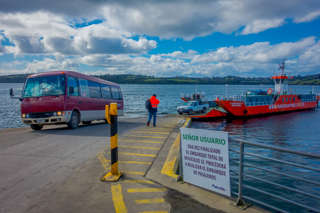 CHILOE, CHILE, SEPTEMBER, 27, 2018: Outdoor view of ferry waiting for cars boarding located in Lemuy Island, Chiloe Chileのeditorial素材