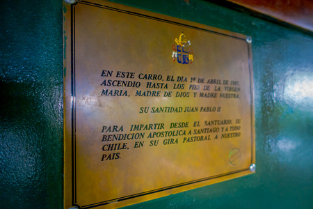 SANTIAGO, CHILE - OCTOBER 16, 2018: Outdoor view of informative sign of metallic structure with description at San Cristobal hill, Santiago, Chileのeditorial素材