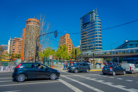 SANTIAGO, CHILE - OCTOBER 16, 2018: Outdoor view of cars in the street circulating in the financial center buildings skyline of Santiago de Chileのeditorial素材