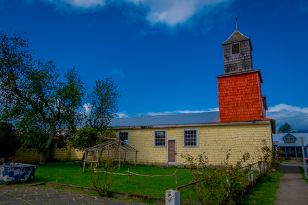 CHILOE, CHILE - SEPTEMBER, 27, 2018: Outdoor view of facade of Church located on Lemuy Island, is one of the Churches of Chilo Archipelagoのeditorial素材