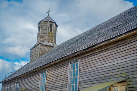 CHILOE, CHILE - SEPTEMBER, 27, 2018: Outdoor side view of quinchao church, one of world heritage wooden churches located at Chiloe island, south of Chileのeditorial素材