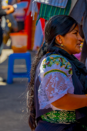 OTAVALO, ECUADOR, NOVEMBER 06, 2018: Portrait of indigenous woman wearing andean traditional clothing and necklace posing for cameraのeditorial素材