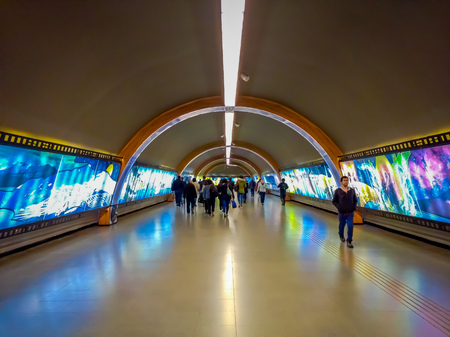 SANTIAGO, CHILE - SEPTEMBER 14, 2018: Group of people walking in the hall after before travel in the central station. Opened in 1885, now it is the citys only railway stationのeditorial素材