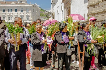 QUITO, ECUADOR- MARCH 23, 2018: Unidentified people participating in the celebration of Palm Sunday before Easter, holding in their hands herbs instead palm leafsのeditorial素材