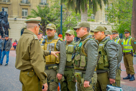 SANTIAGO, CHILE - SEPTEMBER 13, 2018: Outdoor view of crowd of Police called as carabineros in the...