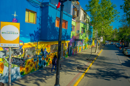 SANTIAGO, CHILE - SEPTEMBER 13, 2018: Outdoor view of colorful houses in Santiago city street, Chileのeditorial素材