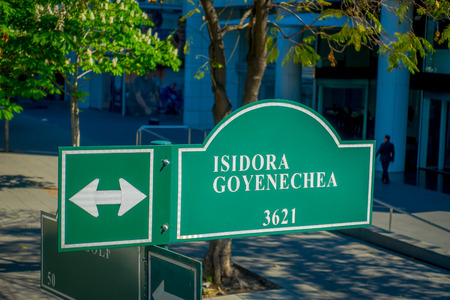SANTIAGO, CHILE - OCTOBER 16, 2018: Outdoor view of informative sign of ISIDORA GOYENECHEA, located in financial center buildings oof Santiago de Chile n Las Condesのeditorial素材