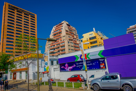 SANTIAGO, CHILE - OCTOBER 16, 2018: Outdoor view of beautiful center building background of financial center at las Condes, Santiago de Chile.のeditorial素材