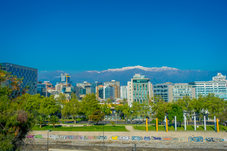 SANTIAGO, CHILE - OCTOBER 16, 2018: Outdoor view of financial district in the horizont in the city of Santiago of Chileのeditorial素材