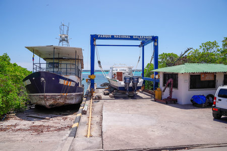 GALAPAGOS, ECUADOR- NOVEMBER, 11 2018: Boat lifted for maintenance in Puerto Ayora, Santa Cruz Island, Galapagos Islandsのeditorial素材