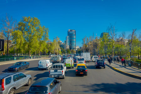 SANTIAGO, CHILE - SEPTEMBER 13, 2018: Outdoor view of road traffic through streets in center of...