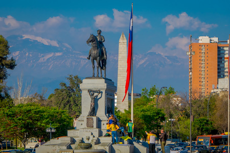 SANTIAGO DE CHILE, CHILE - OCTOBER 16, 2018: Plaza Baquedano in the center of Santiago, Chile. Large oval shaped open area with statue of a man mounted on a horseのeditorial素材
