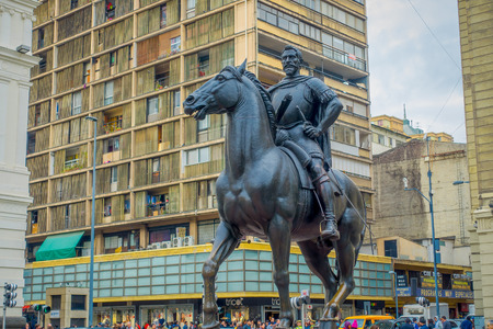 SANTIAGO, CHILE - SEPTEMBER 13, 2018: Plaza de las Armas square in city center with monument of Pedro de Valdiviva on his horse, National museum buildingのeditorial素材