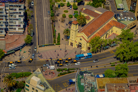 SANTIAGO, CHILE - SEPTEMBER 13, 2018: Beautiful outdoor view of Santiago city landscape from Costanera Center at in Santiago of Chileのeditorial素材
