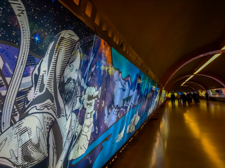 SANTIAGO, CHILE - OCTOBER 09, 2018: Indoor view of art in the wall of the hall inside of the Estacion Alameda, central stationのeditorial素材
