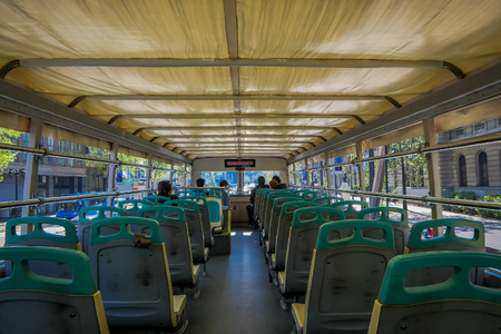 SANTIAGO, CHILE - OCTOBER 16, 2018: Indoor view of details of chairs located inside of public transport bus located in the city of Santiago of Chileのeditorial素材