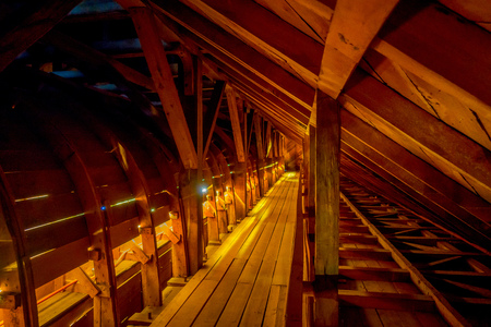 CHILOE, CHILE - SEPTEMBER, 27, 2018: Indoor view of historic church of Nercon, catholic temple located in the chilota commune of Castro recognized as a World Heritage Site by Unescoのeditorial素材